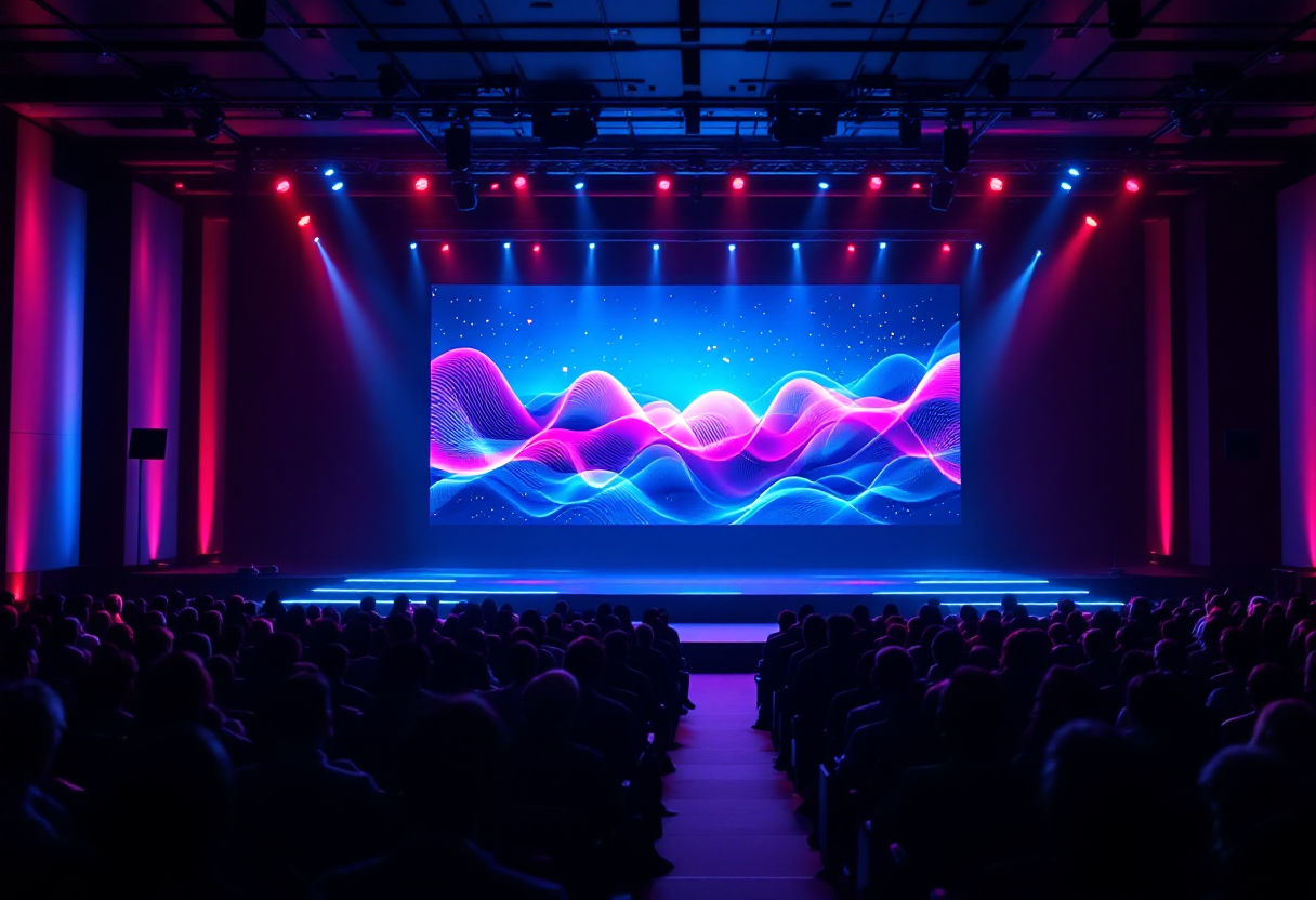 Evento corporativo con escenario y audiencia